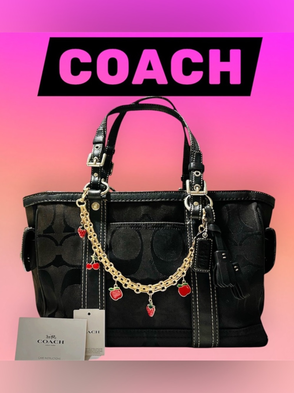 Vintage Coach Y2K soho shoulder Bag Black Signature Tote with cherry chain tote - Picture 5 of 17